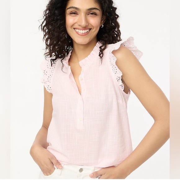 NWT J.Crew Striped‎ ruffle-front flutter-sleeve top in White Spring Blossom M - Picture 1 of 15